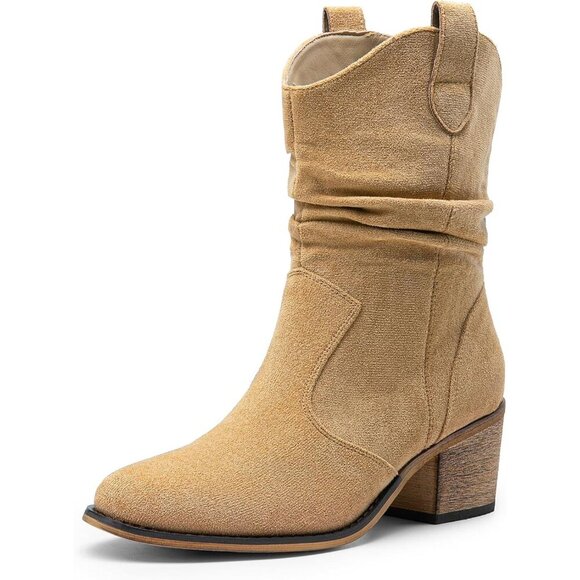 Women\'s Tan Modern Cowboy Boots Mid Calf Round Toe Chunky Heel Ankle Boots